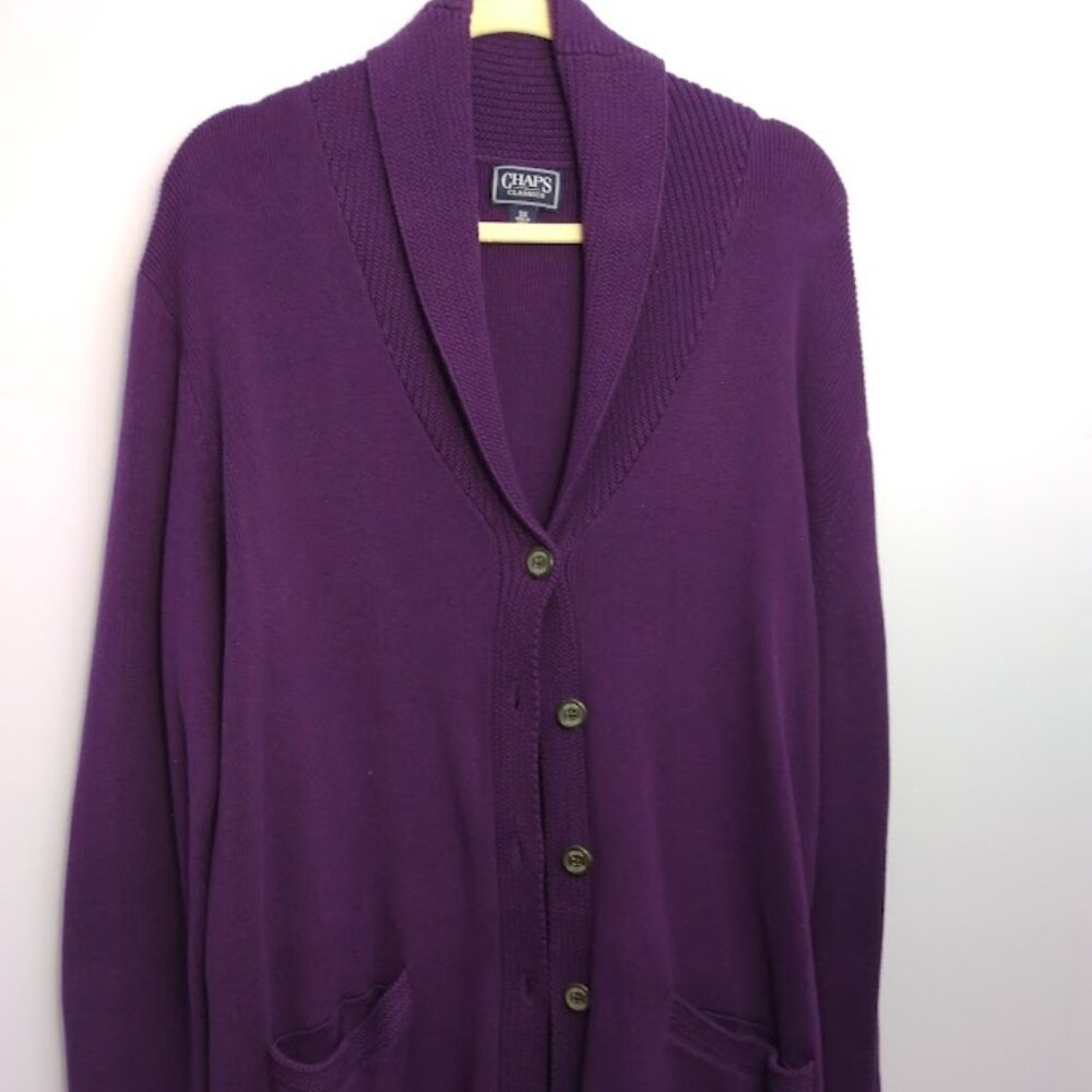 CHAPS Shaker Knit Cardigan Sweater Plus Size 3X Shawl Collar Purple 100% Cotton